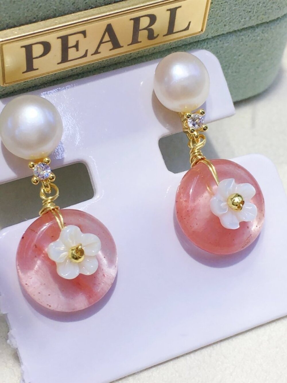 White Freshwater Pearl Rhodochrosite Carved Mother of Pearl Earrings 🆕